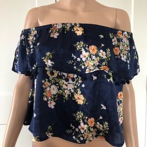 Moon Orchid Off Shoulder Blue Satin Poms Poms Floral Top PS Petite